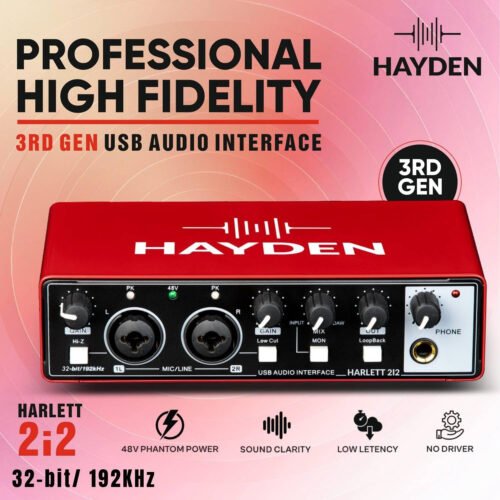 HAYDEN HARLETT 2i2 3rd Gen USB Audio Interface, 2-In 2-Out Recording Sound Card, 32-Bit/192kHz, 48V Phantom Power, XLR/TRS Combo Inputs, Studio Audio for Guitar, Vocals, Podcast & Streaming