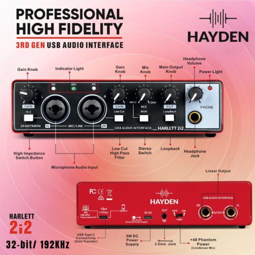 HAYDEN HARLETT 2i2 3rd Gen USB Audio Interface, 2-In 2-Out Recording Sound Card, 32-Bit/192kHz, 48V Phantom Power, XLR/TRS Combo Inputs, Studio Audio for Guitar, Vocals, Podcast & Streaming