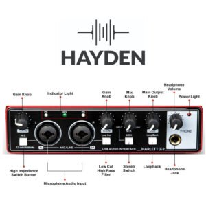 HAYDEN HARLETT 2i2 3rd Gen USB Audio Interface, 2-In 2-Out Recording Sound Card, 32-Bit/192kHz, 48V Phantom Power, XLR/TRS Combo Inputs, Studio Audio for Guitar, Vocals, Podcast & Streaming