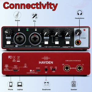 HAYDEN HARLETT 2i2 3rd Gen USB Audio Interface, 2-In 2-Out Recording Sound Card, 32-Bit/192kHz, 48V Phantom Power, XLR/TRS Combo Inputs, Studio Audio for Guitar, Vocals, Podcast & Streaming