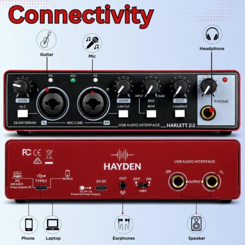 HAYDEN HARLETT 2i2 3rd Gen USB Audio Interface, 2-In 2-Out Recording Sound Card, 32-Bit/192kHz, 48V Phantom Power, XLR/TRS Combo Inputs, Studio Audio for Guitar, Vocals, Podcast & Streaming