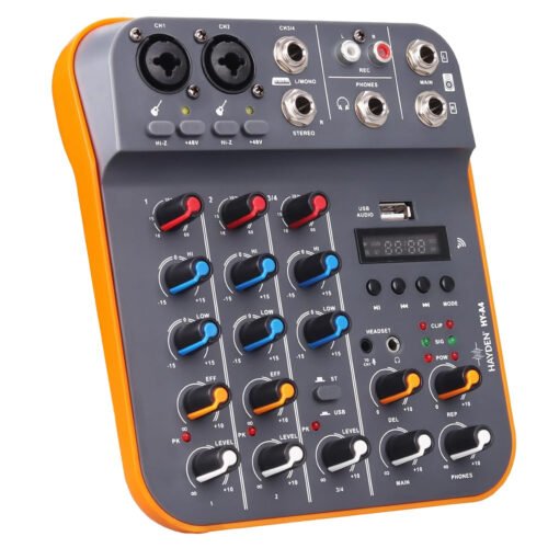 6a51f744b3fc47a0a4fadf7b857c405b12843ae14ddcef37d1eb0.jpg HAYDEN HY-A4 4-Channel Mixer – Professional Audio Mixing Console with Bluetooth, USB Sound Card, 48V Phantom Power, MP3, Phone Live Out, Recording, Podcast, Karaoke, DJ, Streaming & Live Performance