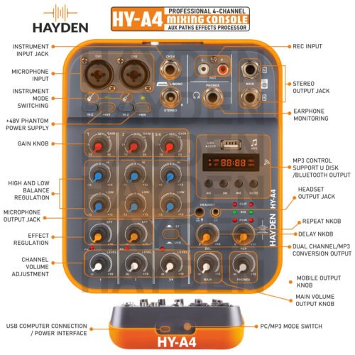 HAYDEN HY-A4 4-Channel Mixer – Professional Audio Mixing Console with Bluetooth, USB Sound Card, 48V Phantom Power, MP3, Phone Live Out, Recording, Podcast, Karaoke, DJ, Streaming & Live Performance