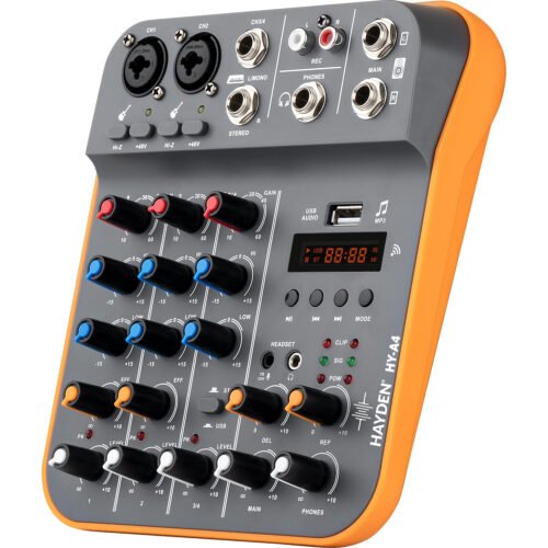 HAYDEN HY-A4 4-Channel Mixer – Professional Audio Mixing Console with Bluetooth, USB Sound Card, 48V Phantom Power, MP3, Phone Live Out, Recording, Podcast, Karaoke, DJ, Streaming & Live Performance