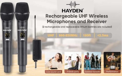 6a52259ebf1d21be7dbd7f439c4de8bf726a5eb84b487cf7e5200.jpg Hayden Audio HY-08 Dual UHF Wireless Microphone