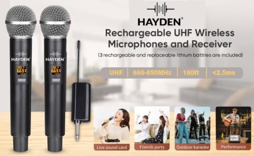 Hayden HY-59 Dual Wireless Mic Microphone UHF Karaoke Dynamic mic with Type C Rechargeable Receiver