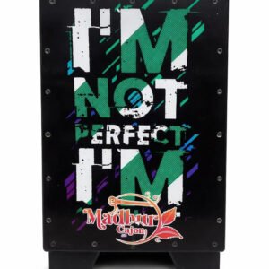 6a9e79009cb27df179258d0831855cb69d175d08497ee811ea699.jpg Madhur Cajon Box Drum, Black, 'I'm Not Perfect' Graphic Print, Percussion Instrument