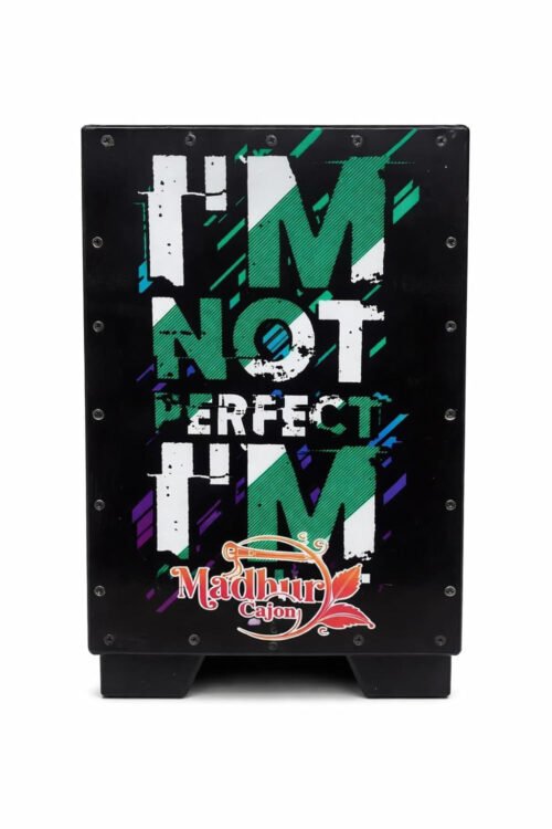 6a9e79009cb27df179258d0831855cb69d175d08497ee811ea699.jpg Madhur Cajon Box Drum, Black, 'I'm Not Perfect' Graphic Print, Percussion Instrument