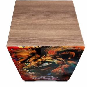 Madhur Cajon Wooden Percussion Box Drum with Vibrant Lion Art Print, Multicolour
