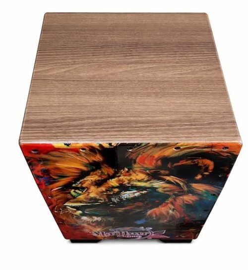 Madhur Cajon Wooden Percussion Box Drum with Vibrant Lion Art Print, Multicolour
