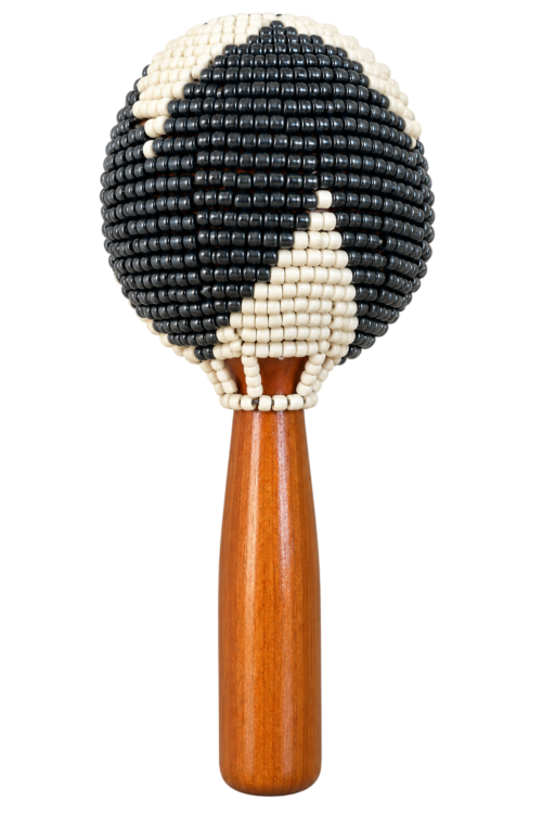 Beaded Cabasa – Black & White with Wooden Handle