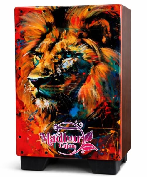 Madhur Cajon Wooden Percussion Box Drum with Vibrant Lion Art Print, Multicolour Madhur Cajon Wooden Percussion Box Drum with Vibrant Lion Art Print, Multicolour