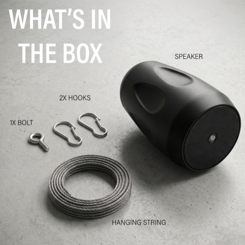 Digimore DCS-6501 - what's in the box: speaker, bolt, hooks, hanging cable DIGIMORE 40W Hanging Speaker 2-Way 8Ω Speaker (DCS-6501)
