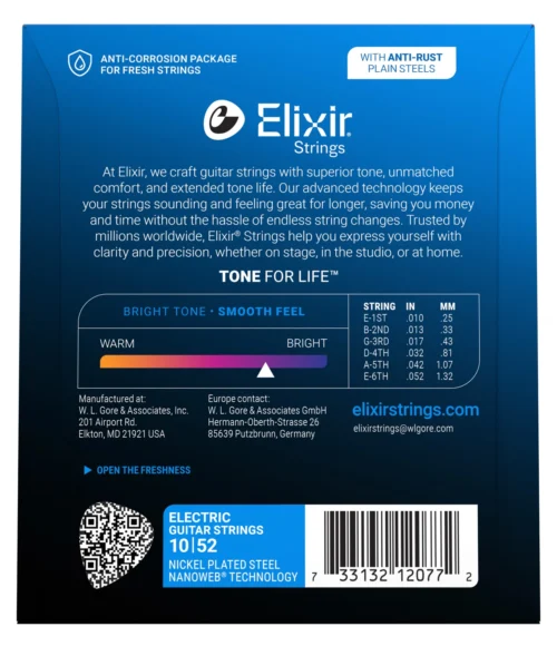 Elixir 12077 Nickel Plated Steel with NANOWEB coating Light-Heavy - back of pack Elixir 12077 Nanoweb Electric Guitar Strings 10-52