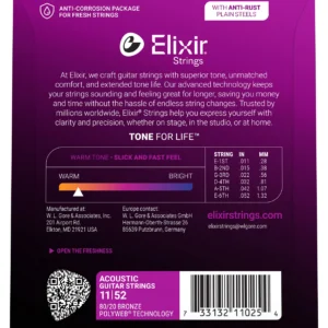 Elixir Strings 11025 Polyweb 80/20 Bronze Acoustic Guitar Strings - .011-.052 Custom Light