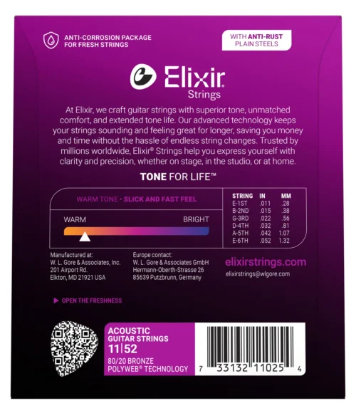 Elixir Strings 11025 Polyweb 80/20 Bronze Acoustic Guitar Strings - .011-.052 Custom Light