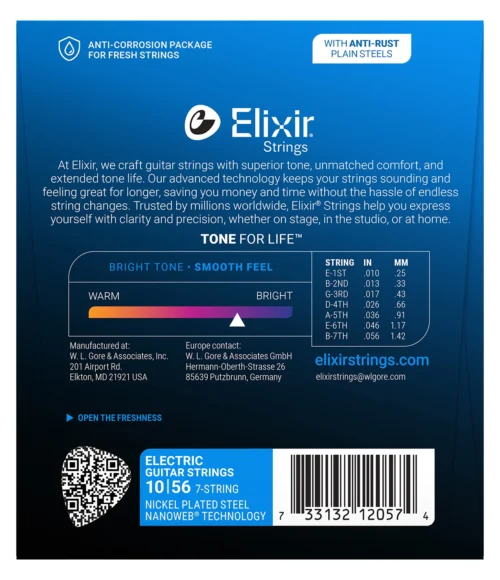 Elixir Strings 12057 Nanoweb Electric Guitar Strings - 010-056 Light 7-string