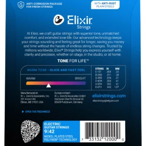 Elixir 12000 Nickel Plated Steel with POLYWEB coating Super Light - back of pack Elixir Super Light Polyweb 12000 Electric Guitar String 09-42