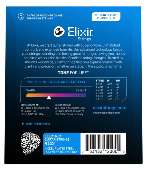 Elixir 12000 Nickel Plated Steel with POLYWEB coating Super Light - back of pack Elixir Super Light Polyweb 12000 Electric Guitar String 09-42
