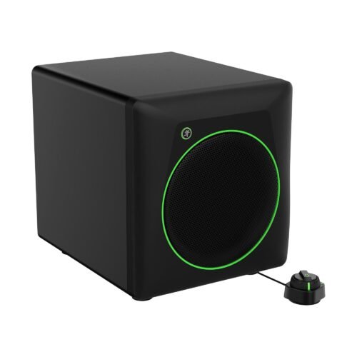 Mackie CR8SBT - angle view with CRDV desktop volume remote Mackie CR8SBT Powered Subwoofer With Desktop Remote And Bluetooth