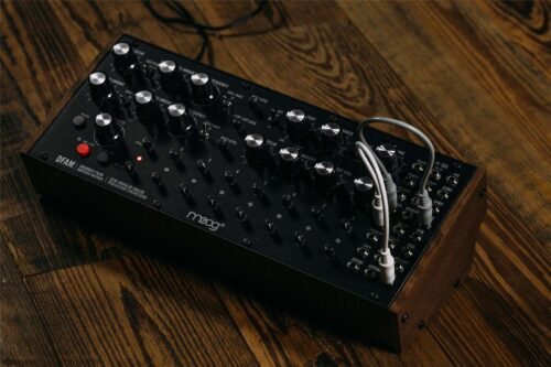Moog DFAM - patched on a desk Moog DFAM Analog Percussion Synthesizer
