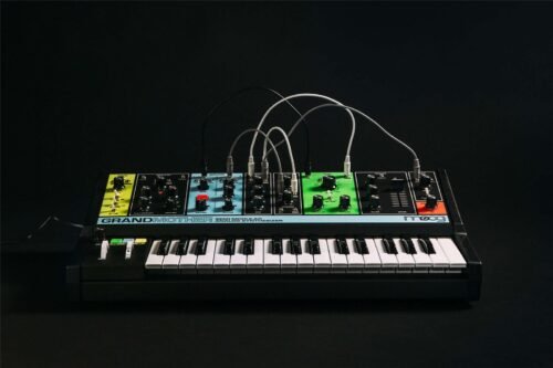 Moog Grandmother - patched front view Moog Grandmother Semi-Modular Analog Synthesizer