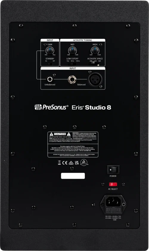 PreSonus Eris Studio 8 - rear panel with inputs and acoustic tuning controls PreSonus Eris Studio 8 - rear panel with inputs and acoustic tuning controls