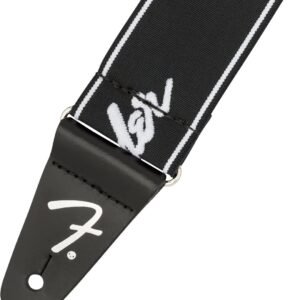 Fender WeighLess Running Logo Strap Black/White - detail Fender 2" WeighLess Running Logo Guitar Strap Black/White 990642074