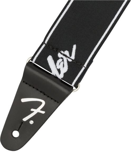 Fender WeighLess Running Logo Strap Black/White - detail Fender 2" WeighLess Running Logo Guitar Strap Black/White 990642074