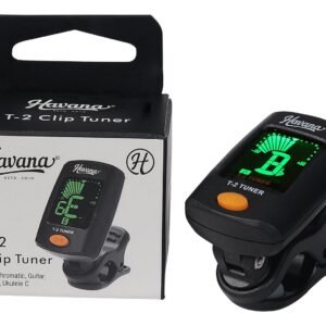 Havana T-2 Clip Tuner - box front and tuner Havana T-2 Clip Guitar Tuner- Black