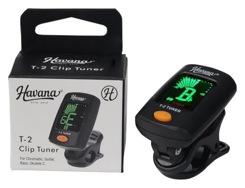 Havana T-2 Clip Tuner - box front and tuner Havana T-2 Clip Guitar Tuner- Black