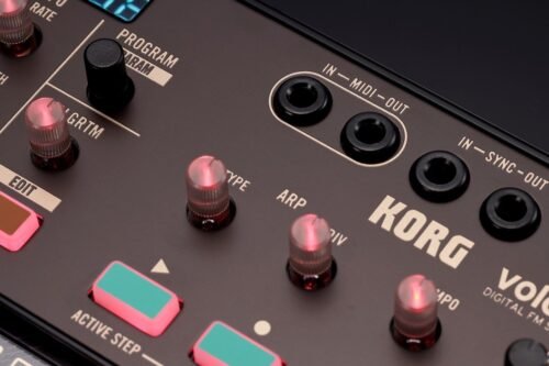 Korg volca fm2 - close-up of panel knobs and MIDI / sync jacks