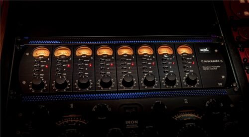 SPL Audio Crescendo 8 Preamp - in a studio rack with VU meters lit
